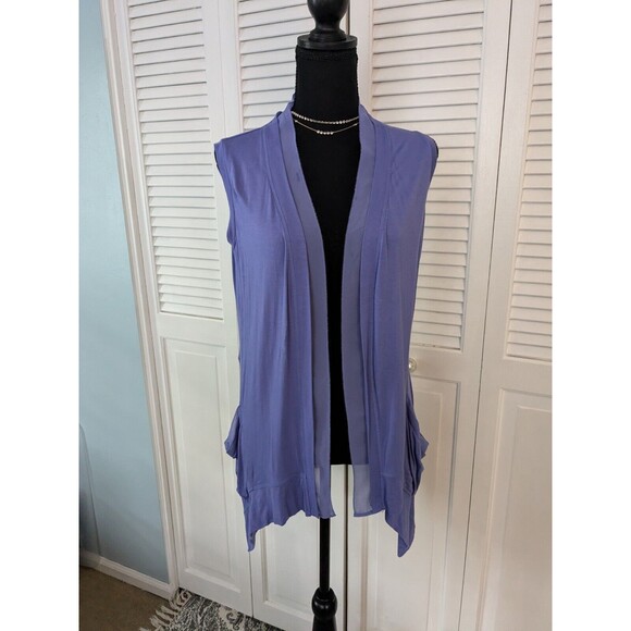LOGO Lori Goldstein Cardigan Women's sz XS Purple Flare Sleeveless Chiffon Trim - Picture 1 of 12